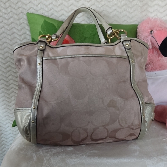 Coach Alexandra F22527 Beige and Gold Women's Shoulder Bag 16"W X 11 1/2"H. - Picture 1 of 11